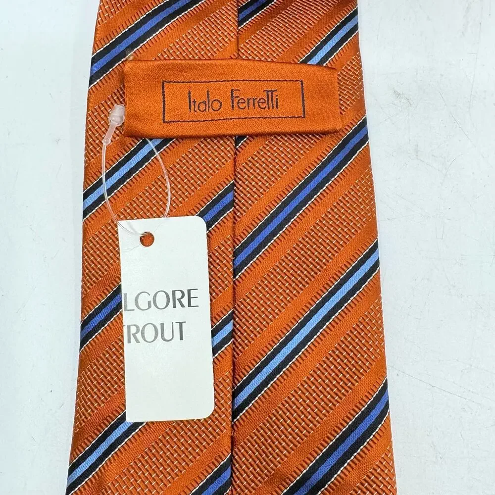 NWT ITALO FERRETTI Silk Orange & Blue Striped Neck Tie